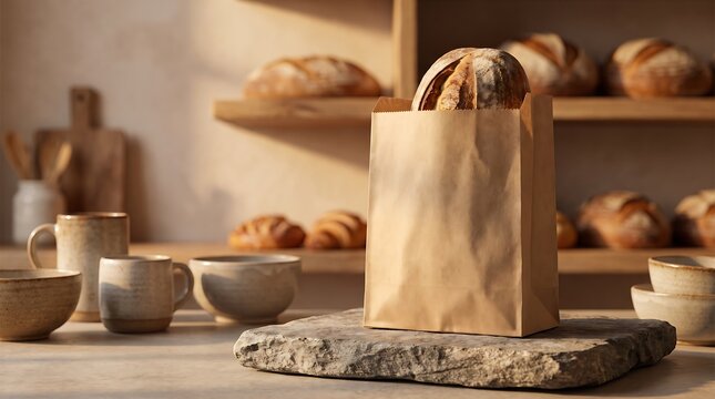 Freshly baked sourdough bread in a paper bag on a rustic stone slab in a bakery, surrounded by pottery and other baked goods.