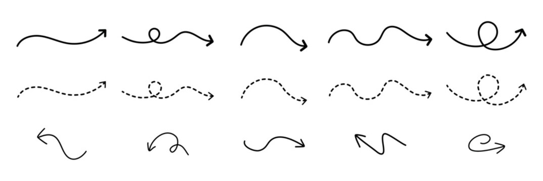 Dashed curved arrow icon set. Directional pointers, black doodle arrow vector collection with hand drawn curved arrows. flow symbols with dotted line paths, Vector illustration. eps.