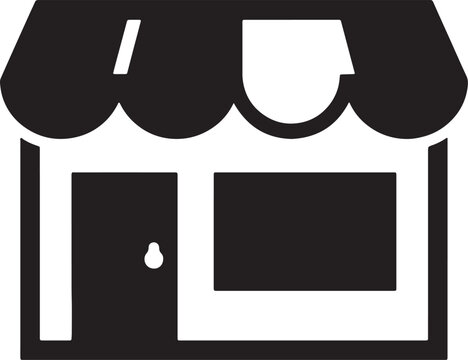 Black and white of a small retail shop building with a striped awning, a single door, and a large display window, isolated on a white background, also transparent background