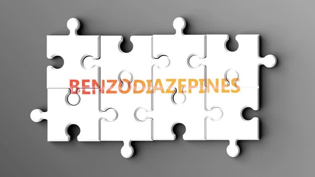 Benzodiazepines being a complex topic - puzzle pieces with word benzodiazepines coming together to make a whole. Benzodiazepines made of many fitting parts, a compound subject.