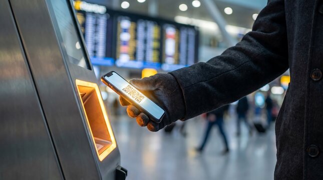 Traveler Scanning QR Code Ticket on Smartphone at Airport Terminal Kiosk