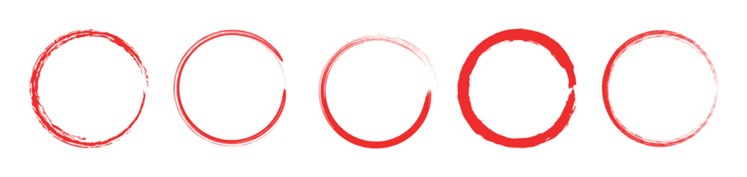 Set of round grunge circles red shapes on a white background. Grunge round shapes. Vector brush circle.  grunge circle stamp.
