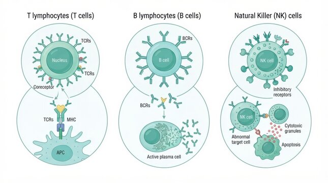 This visual explains the cellular components of the lymphatic system. It shows T cells, B cells, and natural killer cells with their functions.