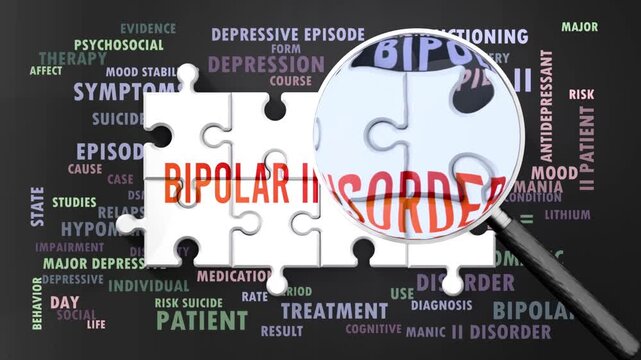 Bipolar Ii Disorder under magnifying glass, being researched, studied and examined. Most important subjects and ideas closely related to bipolar ii disorder written around a puzzle.Can be looped.