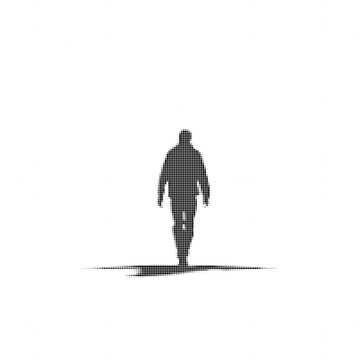 Silhouette of a person walking forward, created with a halftone dot pattern effect, minimalist conceptual design