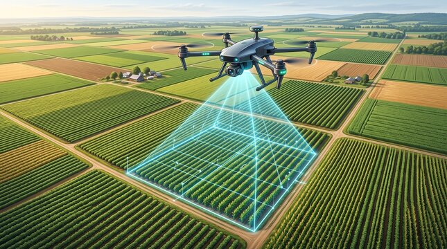 Modern agricultural drone scanning green crop fields with digital technology for precision farming