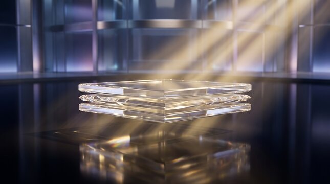Floating crystal platform illuminated by golden sunbeams in dark minimal studio for luxury jewelry or product display with cinematic lighting and reflections.