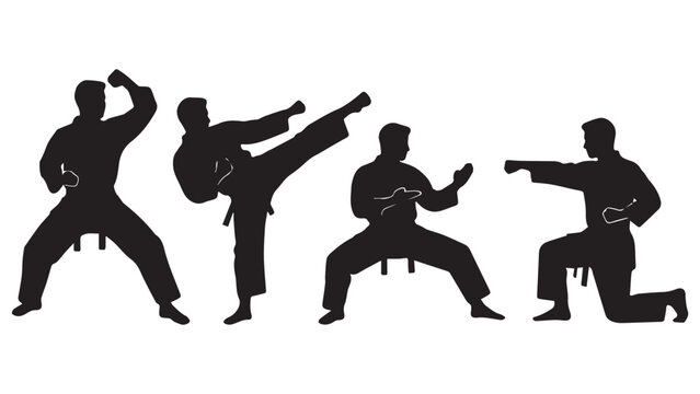 Four Men Performing Different Karate Martial Arts Poses, Black Silhouette Collection

Collection of four male martial artists performing different karate poses and fighting techniques, isolated on a w