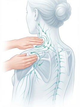 A person applies pressure on the neck area to illustrate lymphatic drainage. The focus is on lymph vessels and nodes surrounding the area.