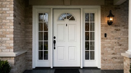 Obraz premium Traditional white front door with sidelights and brick exterior