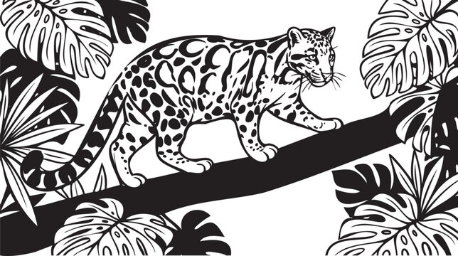 Jungle animal sticker sheet, a cute hand-drawn jaguar or snow leopard on a tree branch with tropical leaves, a funny cute wild beast, a vector illustration in a black and white