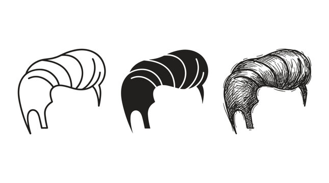 Three Pompadour Hairstyles - Outline, Solid Silhouette, and Hand-Drawn Sketch Styles