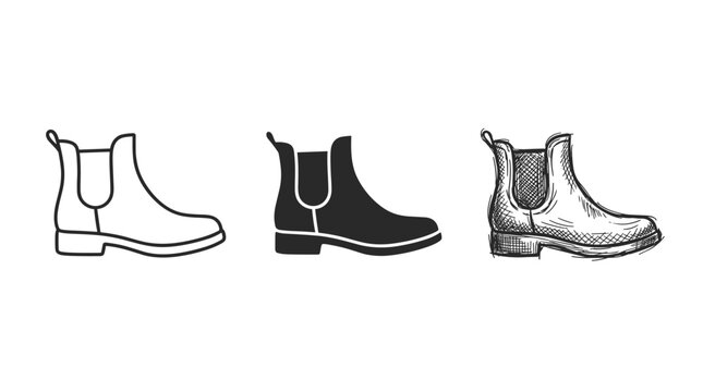 Vector icons representing a classic leather Chelsea boot with an elastic side panel and pull tab, shown in three distinct graphic styles: clean line art outline, solid black silhouette, and detailed.