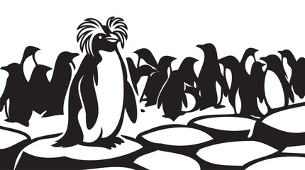 Obraz premium Monochrome macaroni penguin silhouettes with distinctive crests, black and white vector illustration of crowd on icy rocks, Antarctic wildlife art