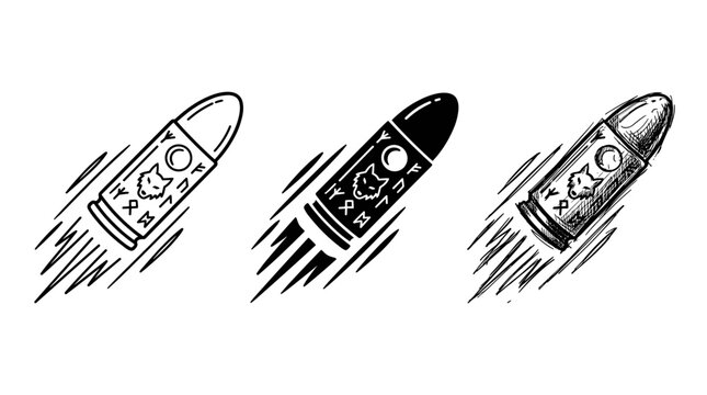 Three monochrome icons of flying silver bullets with wolf and runic engravings, in outline, solid fill, and hand-drawn sketch styles.