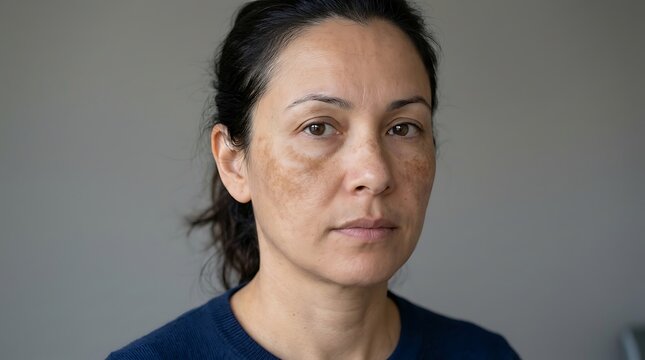 Woman shows visible facial hyperpigmentation and melasma spots on her cheeks while looking at the camera.
