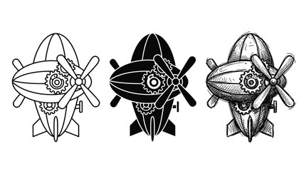 Three steampunk blimps or airships with propellers and gears, presented in outline, solid, and sketch styles © BestFren