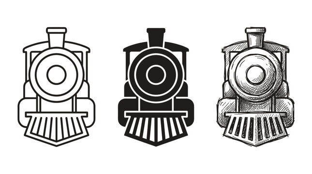 Three steam trains shown from a front view, featuring cowcatchers, in outline, solid black, and sketch styles