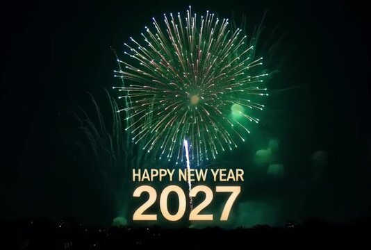 Happy New Year 2027 text with green fireworks. Festive holiday celebration background. Bright pyrotechnics display for 2027 countdown.