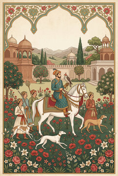 Mughal Falconry wedding invitation card design, royal horseman, falcon, hounds, blooming poppy fields 4k
