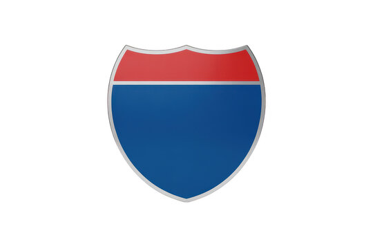 A blank interstate highway shield sign with a red and blue bottom section, isolated on a white background, for traffic navigation use