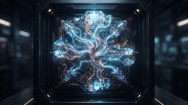 Quantum processor glowing inside a secure metallic chamber displaying intricate power circuits.