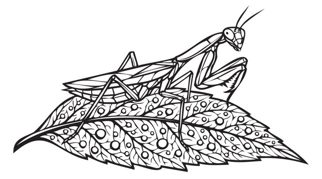 praying mantis vector illustration, insect on leaf, zentangle pattern, black and white line art, nature sketch, coloring book page, stress relief design, detailed entomology drawing