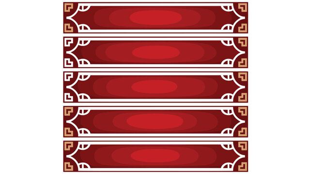 Five horizontal banners with red backgrounds and traditional chinese decorative corner patterns