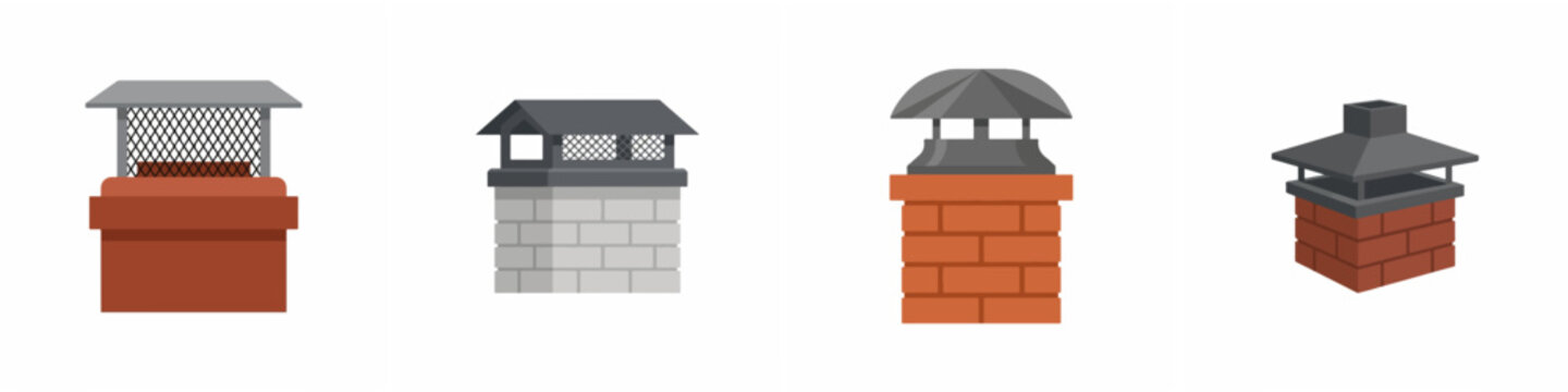 Collection of various chimney designs with red and grey brick masonry and protective metal caps isolated on a white background