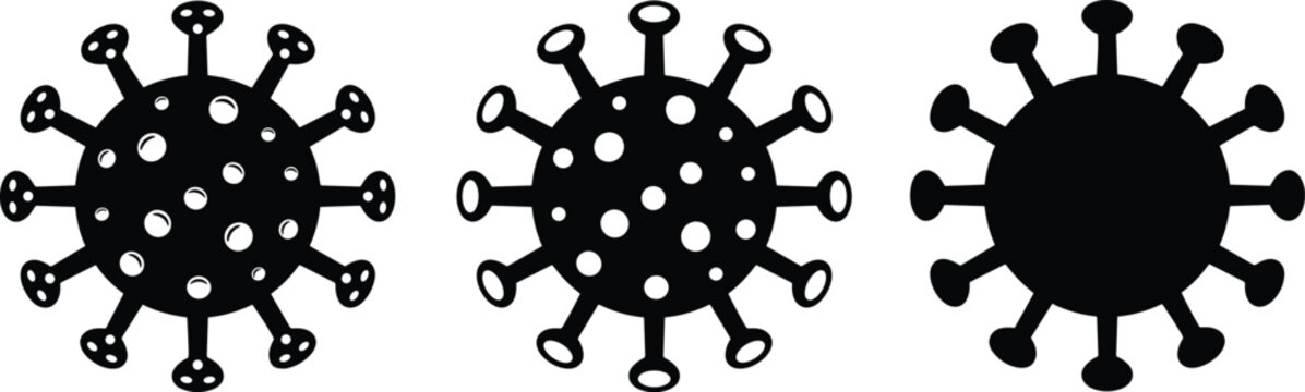 Coronavirus icon set featuring detailed outline and solid black vector cell representations for medical healthcare infographics