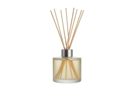 A glass reed diffuser bottle filled with scented oil and wooden sticks, isolated on a white background, for home fragrance, and spa decor
