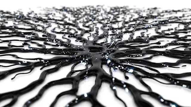 Abstract Black Glossy Fluid Network Spreading Roots and Branching Neural Liquid on White Background 3D Render