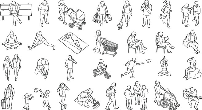 Set of isometric people vector design elements, outline top view characters and activities