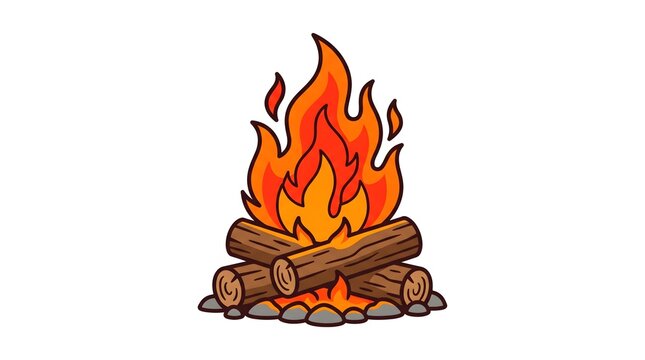 Bright orange bonfire with stacked brown wooden logs and grey stones created in a colorful vector illustration style for camping and outdoor adventure design projects