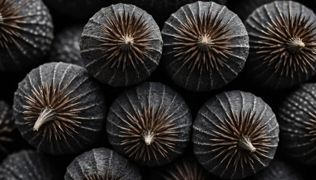 Macro top view pattern of dark textured decorative seed pods with golden tips