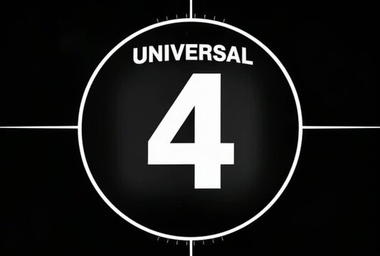 Vintage film countdown leader with number 4. Retro cinema universal timer on black background. Classic movie start sequence.