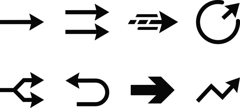 Directional arrow icon set featuring motion split return graph and circular pointer vectors for user interface design