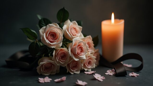 Bouquet of light pink rose with black mourning ribbon and burning candle on dark background. Funeral memorial and grief concept. Sympathy condolence and remembrance ceremony