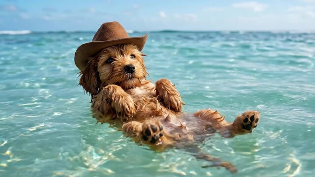 Playful brown puppy dog floating in turquoise sea ocean wearing sun hat relaxed joyful summer mood