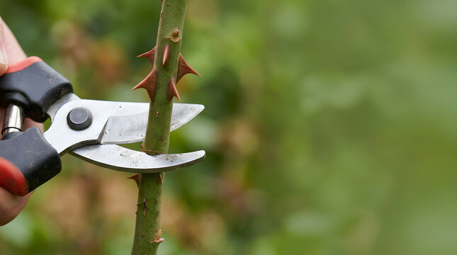 Extreme close up of pruning shears cutting a green rose stem with sharp thorns. Gardening tool trimming a plant on blurred background