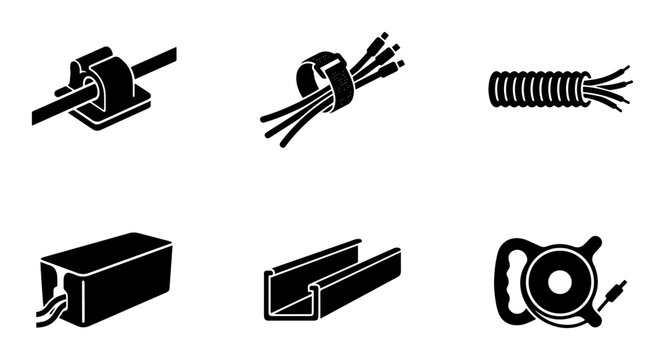Electrical Cable Management Icons, Wire Organizer Solutions, Cord Clamps, Conduit, and Reels Vector Set