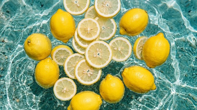 Fresh Whole and Sliced Yellow Lemons Floating in Rippling Turquoise Water Top Down View for Summer Drinks Background.