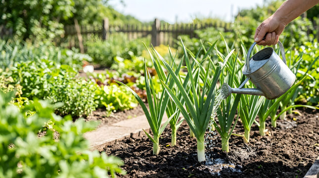 Hand watering a row of leek plants with a metal watering can. Pouring water on dark soil in a lush vegetable garden. Organic crop cultivation and care