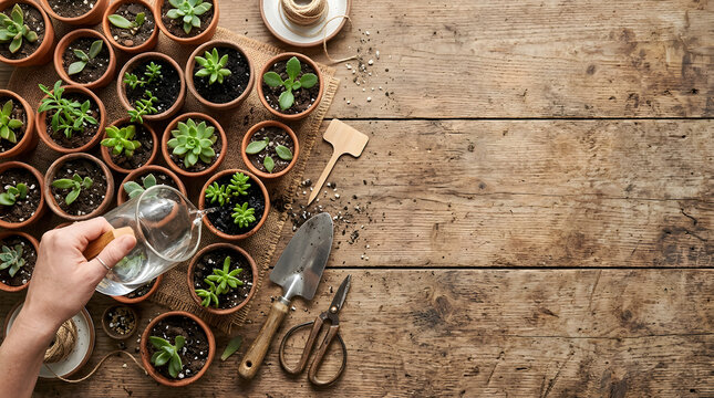 Top view of hand watering succulent plants in terracotta pots. Flat lay of gardening tools and rooted cuttings on a rustic wooden table. Copy space for text