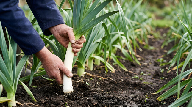 Farmer hands harvesting a fresh leek plant from dark soil. Close up of pulling a raw green vegetable from the earth in an agricultural field. Organic garden harvest