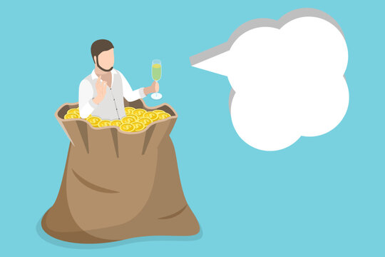 3D Isometric Flat Vector Illustration of Rich Man, Successful Businessman Swimming In Money Bag, Cocktail In Hand