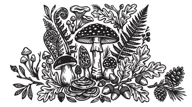 Hand drawn vintage mushroom corner border. etching style forest fungi with ferns. botanical forest illustration. black ink engraving design. nature texture with pine cones.