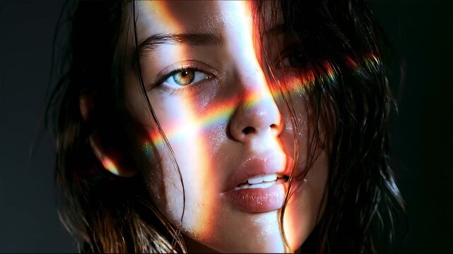 Close-up beauty portrait of a young woman as moving rainbow light reflections illuminate her face, creating a vibrant artistic fashion scene with colorful cinematic lighting