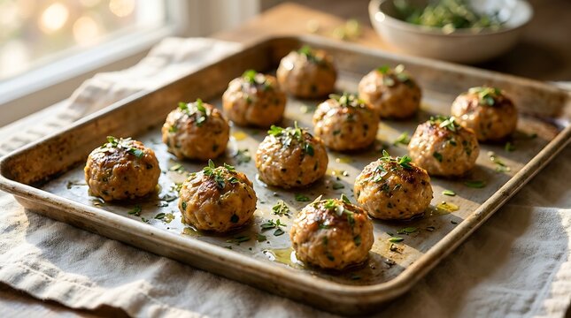 Gourmet baked chicken meatballs with fresh herbs on a baking sheet for healthy meal planning and food blog marketing.