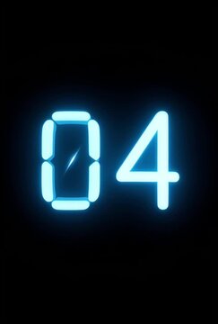 Glowing blue digital number four, neon 04 countdown element on black background, futuristic electronic display for technology video